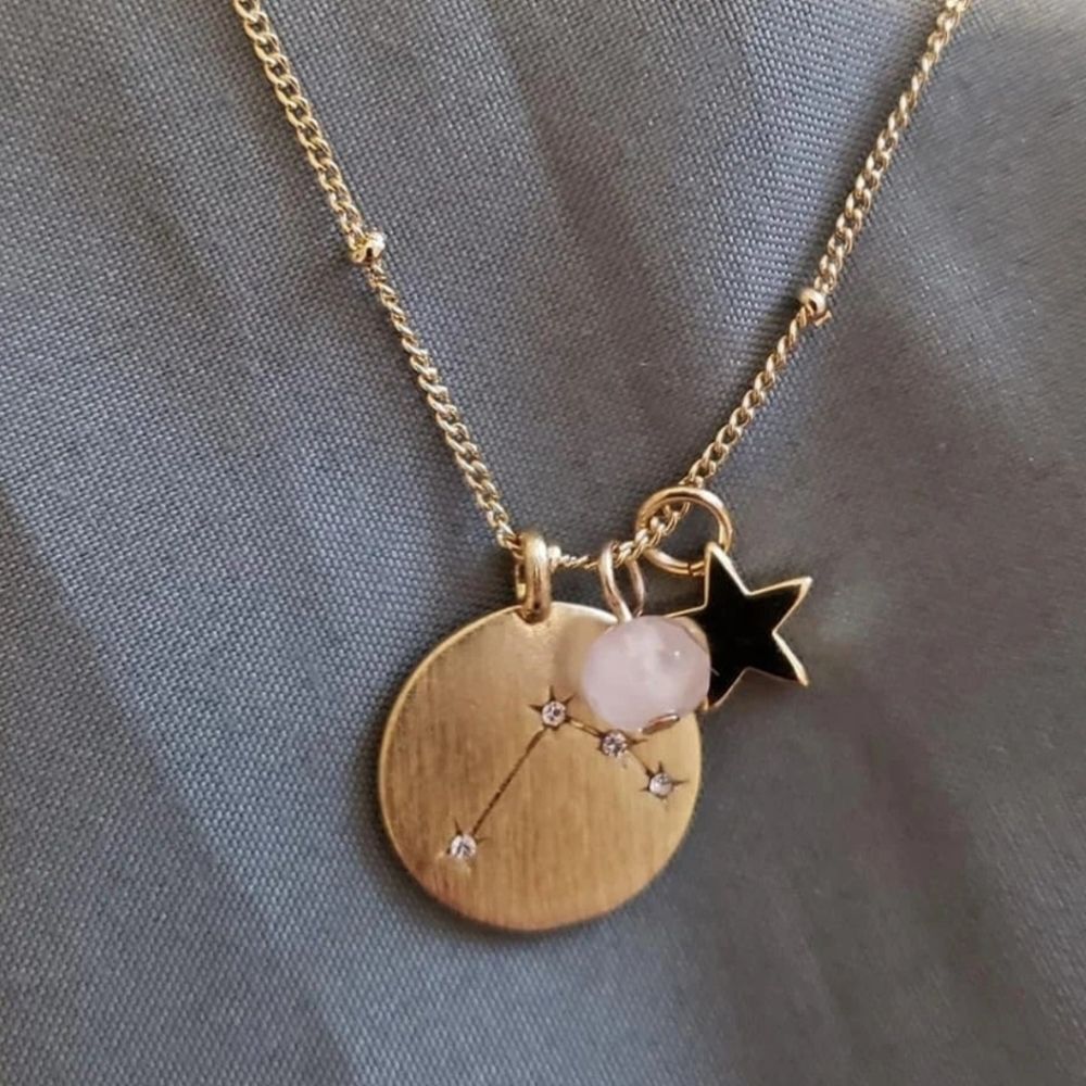 NEW Aries Zodiac Pendant Necklace 3 in 1 Constellation‎ Star Rose Quartz Crystal